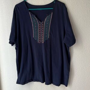 Catherines Navy Top with Pink Embroidery